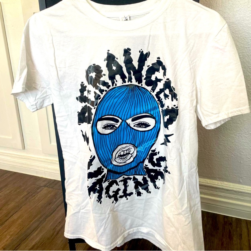 Medium white Deranged Vaginas band shirt.